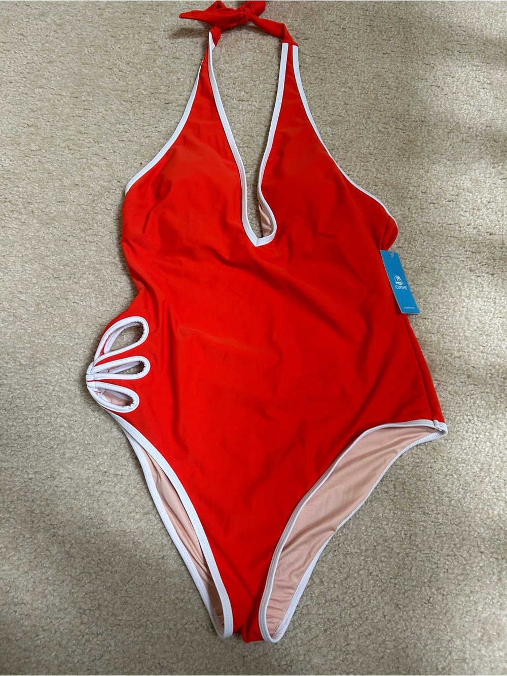 NWT Cupshe Red One-Piece Halter Swimsuit with White Trim